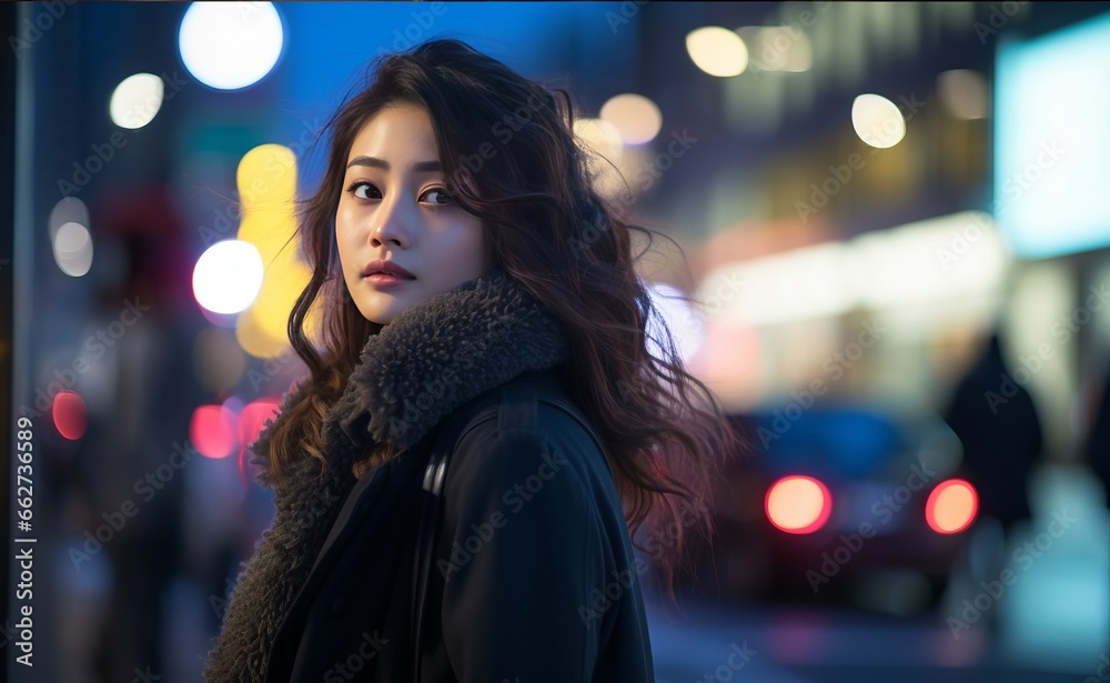 pretty asian women walk through downtown at night with blur background pretty asian women walk through downtown at night with blur background