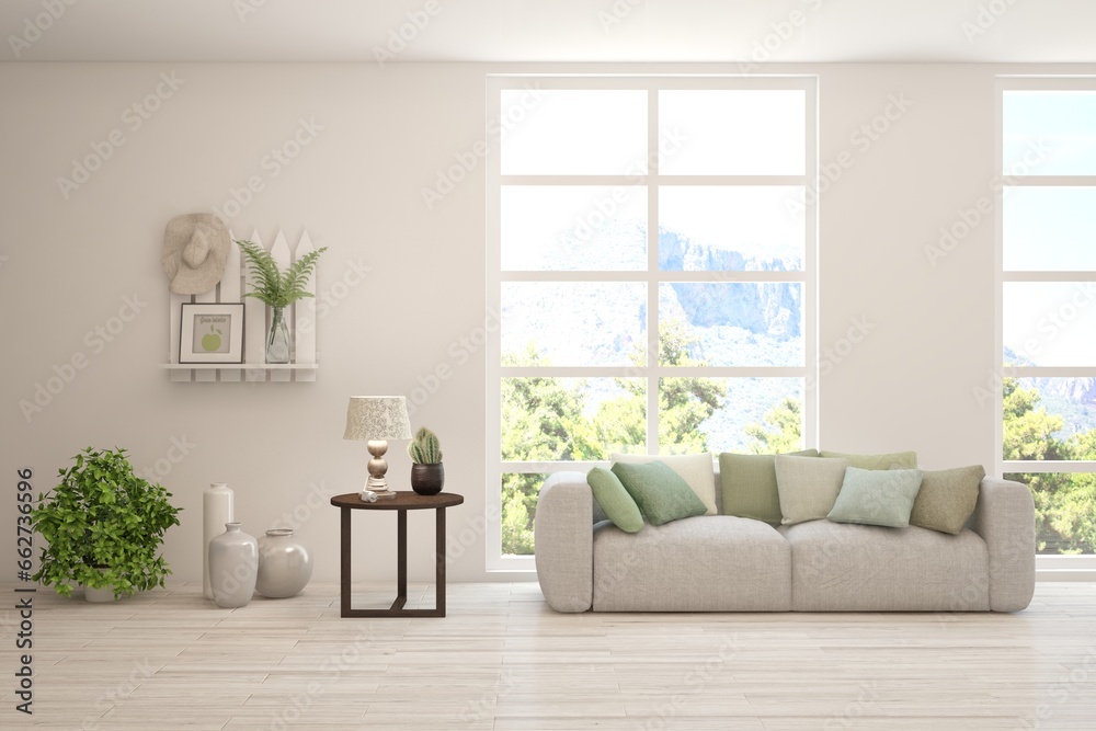 Fototapeta premium Bright interior design with modern furniture and summer landscape in window. 3D illustration