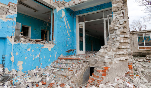 destroyed school building in Ukraine photo