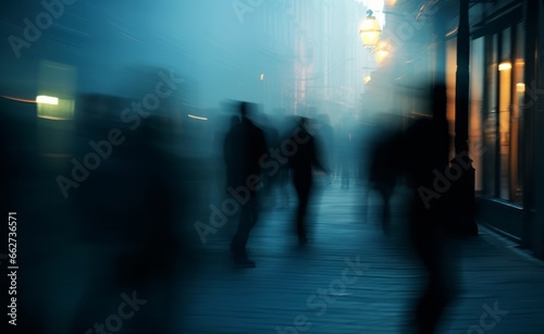 Blurred silhouettes of people moving in crowded night city street