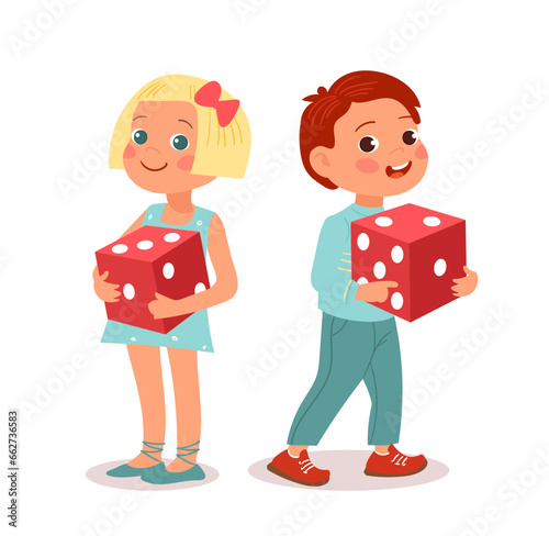 Kids with dices. Boy and girl hold red cube in their hands. Children play board games. Little people entertainment. Fortune gaming. Gamers toy. Happy babies. Lucky throw. Vector concept