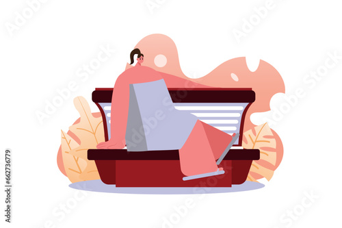 Solarium and body positive concept with people scene in the flat cartoon style. The virgin comes out of solarium with perfect skin tone that emphasizes the beauty of her body. Vector illustration.