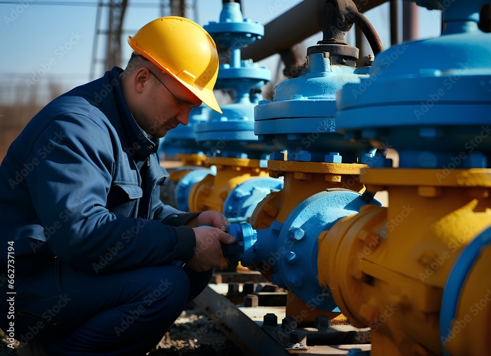 A man in a uniform and a helmet, near the valve of pipes at a gas mining plant, in the process of work.