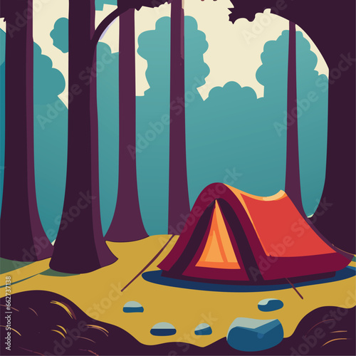 Tourist summer camping. Vector illustration of tents. Camping on a clearing in the forest. Flat style. Summer camp, nature tourism, camping, hiking, trekking.