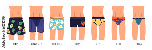 Man underwear types wearing on body. Male fashion model in various underpants. Casual clothes elements. Cotton underclothes. Boxers and shorts. Boys undergarment. Garish vector concept