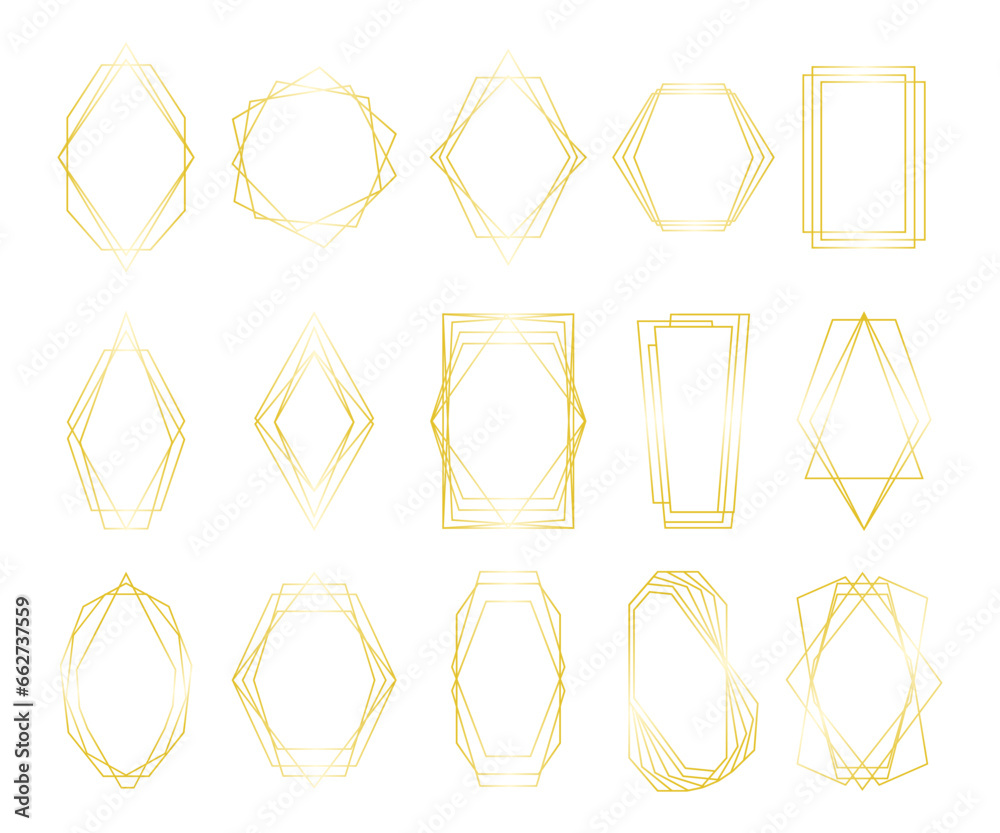 Golden geometric polygon. Decorative border hexagon and pentagon shapes, luxury minimal decorative elements for wedding invitation design. Vector set - obrazy, fototapety, plakaty 