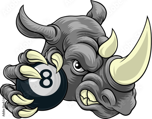A rhino or rhinoceros cartoon sports mascot holding a black eight pool ball