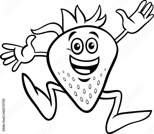 happy cartoon strawberry fruit character coloring page