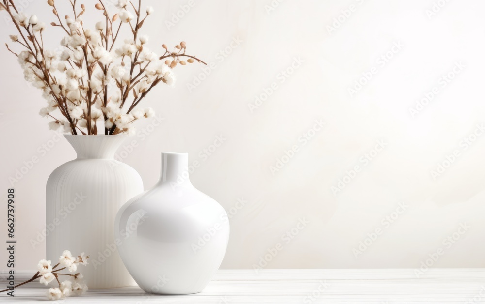 White vase with flowers on white wooden table and white wall background