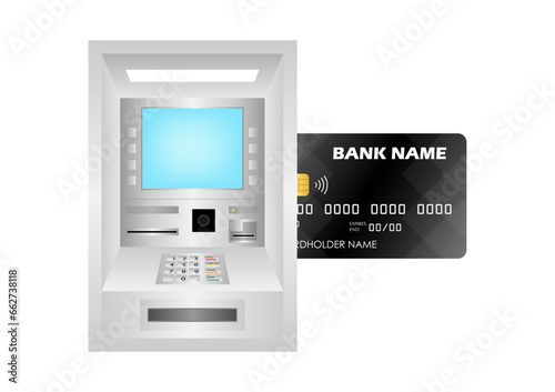 Credit Card, ATM Card or Debit Card  and ATM- Automated Teller Machine. Paying, Withdrawing or Transferring Money Concept. Vector Illustration. 