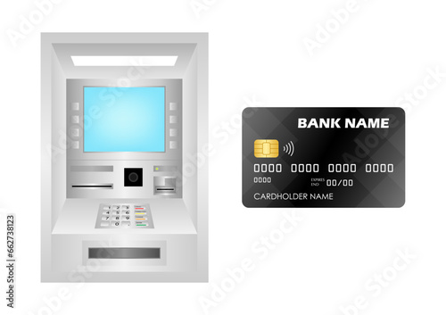 Credit Card, ATM Card or Debit Card  and ATM- Automated Teller Machine. Paying, Withdrawing or Transferring Money Concept. Vector Illustration. 