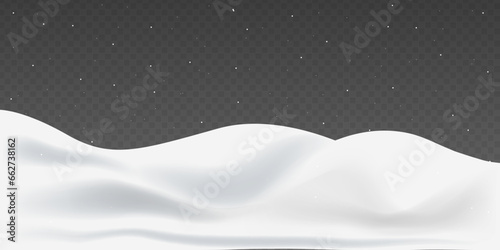 Snow realistic landscape background with showfall and snowflakes. 3D realistic snow background. Snow drifts isolated on transparent background. photo