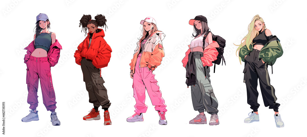 Fototapeta premium Anime girls in fashion street style outfits. Different manga characters full height illustrations for posters, apparel design.