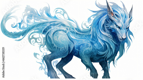 Blue mythical creature on white