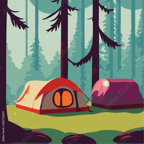 Tourist summer camping. Vector illustration of tents. Camping on a clearing in the forest. Flat style. Summer camp, nature tourism, camping, hiking, trekking.
