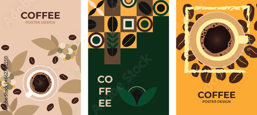 Set of coffee design posters. Poster template, coffee tones, geometric pattern. Vector drawing, design elements.