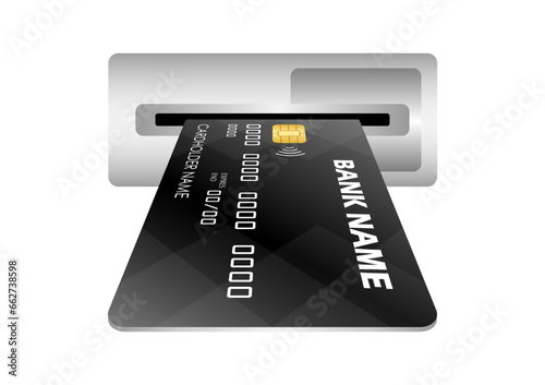 Credit Card, ATM Card or Debit Card Inserting into ATM Machine Card Slot. Vector Illustration Isolated on White Background. 
