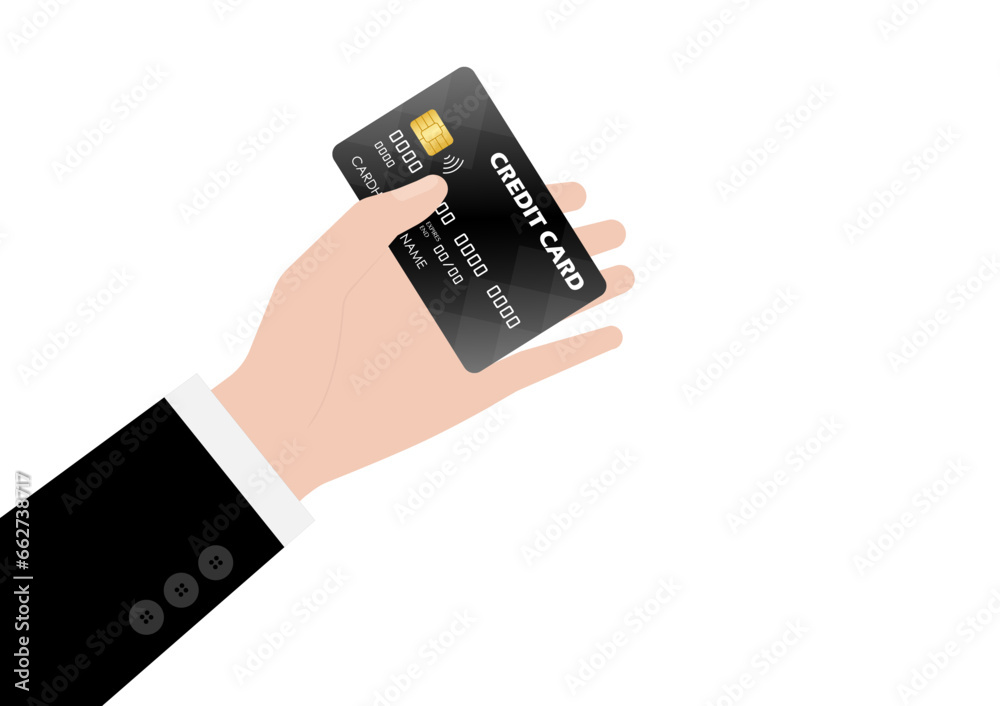 Credit Card. Businessman's Hand Holding Credit Card or Debit Card. Hand Showing Credit Card. Vector Illustration Isolated on White Background. Credit Card. Businessman's Hand Holding Credit Card or Debit Card. Hand Showing Credit Card. Vector Illustration Isolated on White Background.