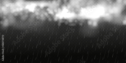 Falling raindrops isolated on black background. Realistic white cloud with rain drops, rainstorm, raincloud, rainfall or cyclone weather vector.