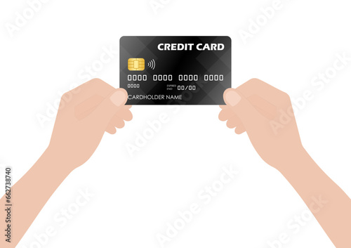 Credit Card. Hand Holding Credit Card or Debit Card. Vector Illustration Isolated on White Background. 