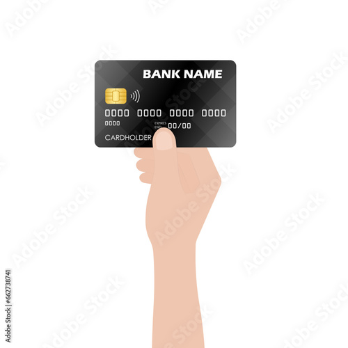 Credit or Debit Card. Businessman's Hand Holding Credit or Debit Card. Hand Showing Credit Card. Vector Illustration Isolated on White Background. 