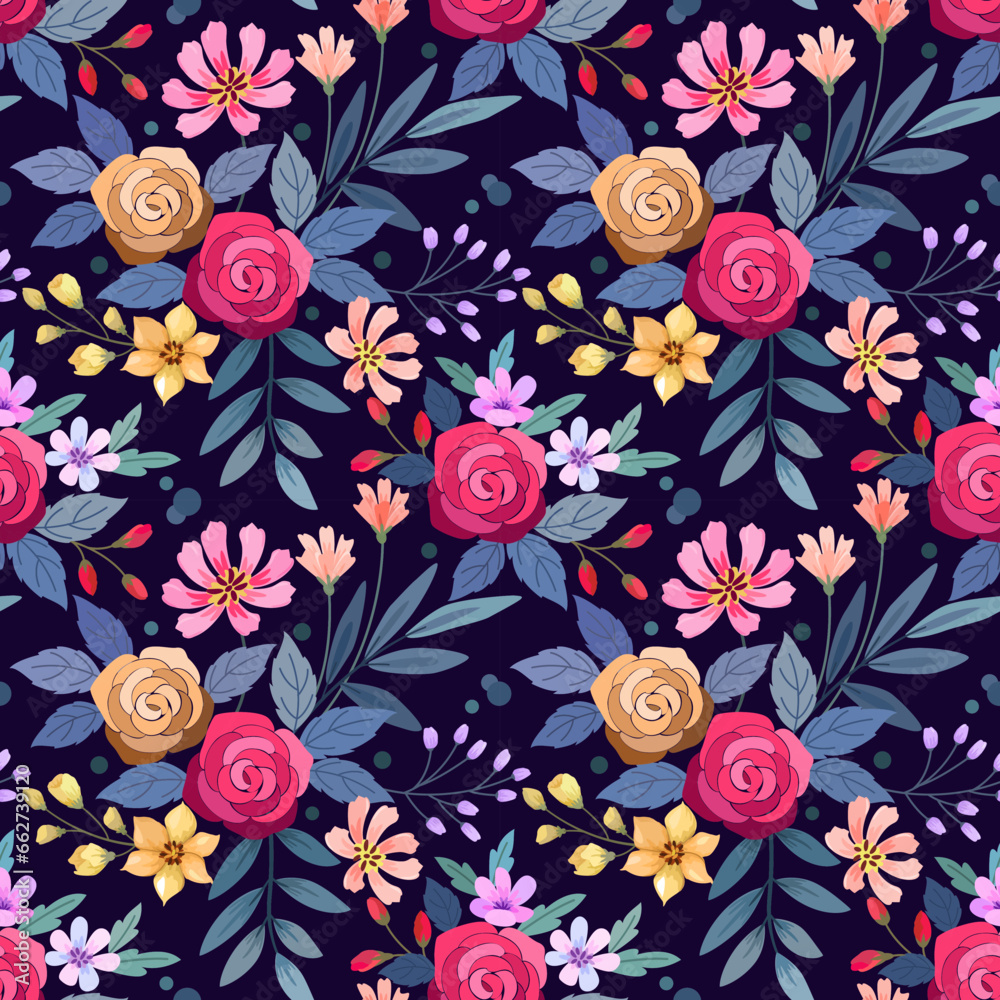 Fototapeta premium Yellow and red rose with small flower and leaf seamless pattern on blue coloe background.
