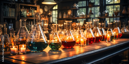 A chemistry lab with different colored liquids in different colors