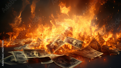 Burning money dollars fire