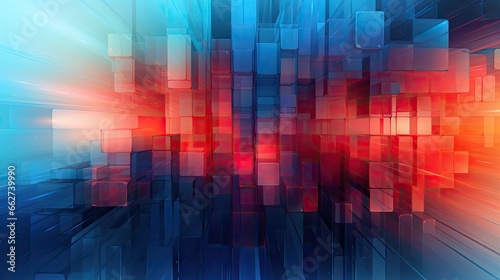 Red and Blue Glitch Art Backdrop - Background with streight lines, sharp edges and blocks - digital technology illustration element - generative ai