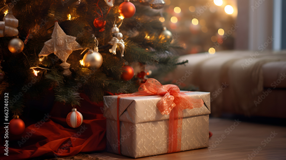 A gift box next to the Christmas tree