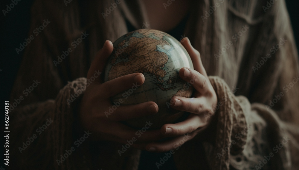 One young adult woman holding a globe, smiling indoors generated by AI