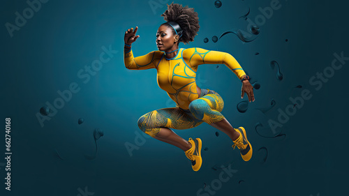 woman in blue and yellow clothes running