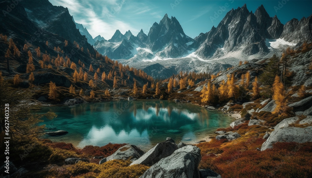 Majestic mountain range reflects tranquil scene in wilderness area generated by AI