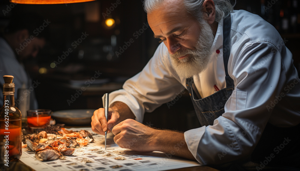 A mature man with gray hair, sitting at a table, working in a workshop generated by AI