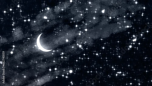 Stylised 2D painterly stylized cartoon animation background night sky with crescent moon, stars and light clouds. Slow rotating camera move.