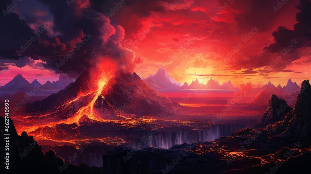Beautiful rectangle color volcano lava sunset pain picture Ai generated art