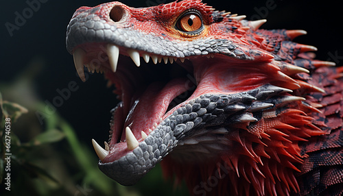 Furious dragon screams, mouth open, showcasing horrifying genetic mutation generated by AI