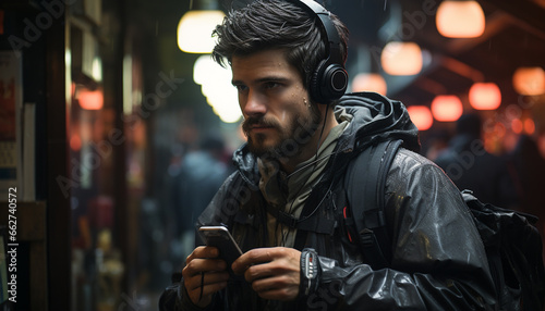 A bearded man in a leather jacket texting on his phone generated by AI