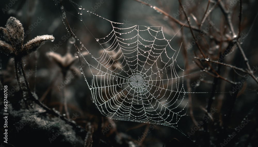 Spooky spider web traps dew drops in autumn forest background generated by AI