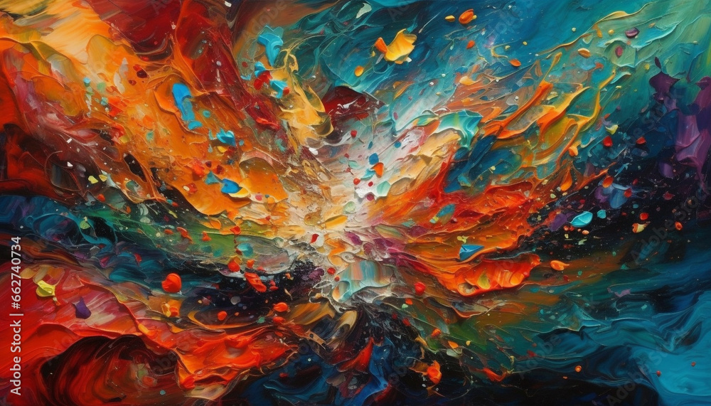 Naklejka premium Vibrant colors mix in chaotic curves, a modern abstract explosion generated by AI