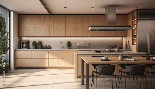 Modern domestic kitchen design with elegant wood table and steel appliances generated by AI