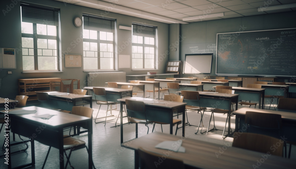 Empty classroom with desks, chairs, and blackboard for learning generated by AI Empty classroom with desks, chairs, and blackboard for learning generated by AI