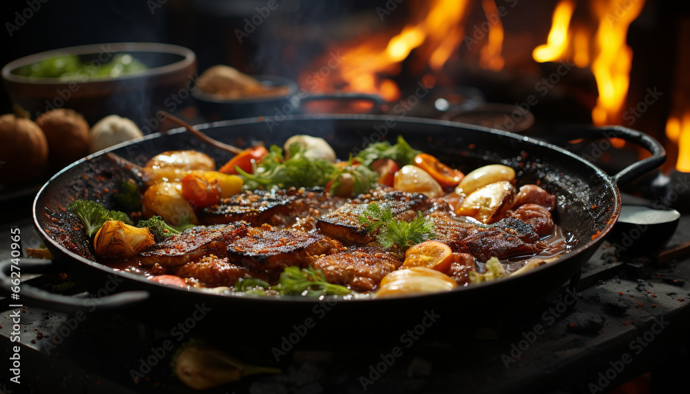 Grilled meat on a cast iron, flame adds heat and freshness generated by AI Grilled meat on a cast iron, flame adds heat and freshness generated by AI