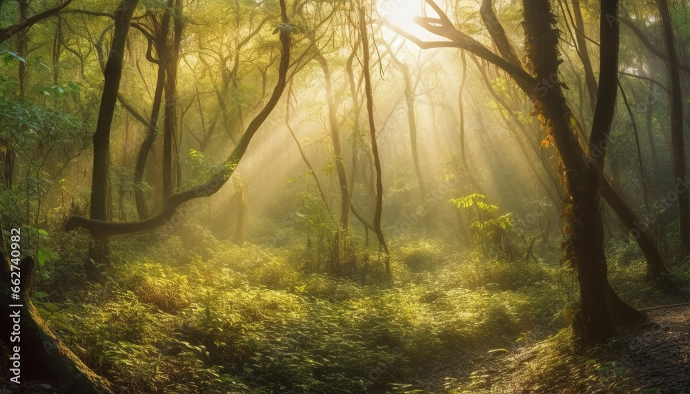 Obraz premium Tranquil autumn forest, mysterious and beautiful in the foggy dawn generated by AI
