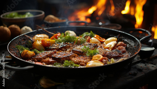 Grilled meat on a cast iron, flame adds heat and freshness generated by AI