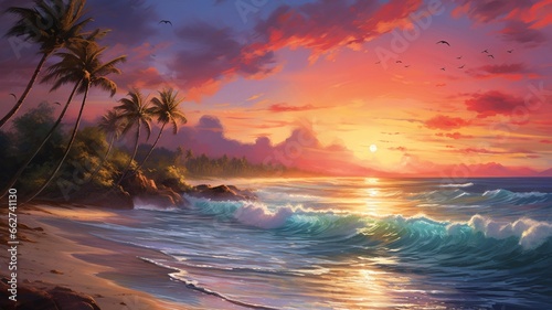 Beautiful sunset painting beach birds flying painting wallpaper picture Ai generated art © Manik007