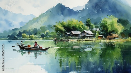 Beautiful vietnam watercolor landscape oil painting image Ai generated art