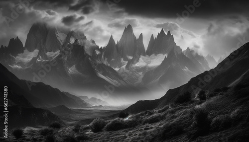 Majestic mountain range, black and white silhouette against moody sky generated by AI