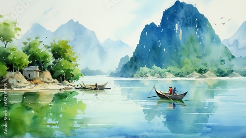 Beautiful vietnam watercolor landscape oil painting picture Ai generated art photo
