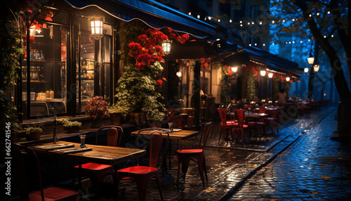 Nighttime in a cozy bar  illuminated by wooden lanterns and Christmas lights generated by AI